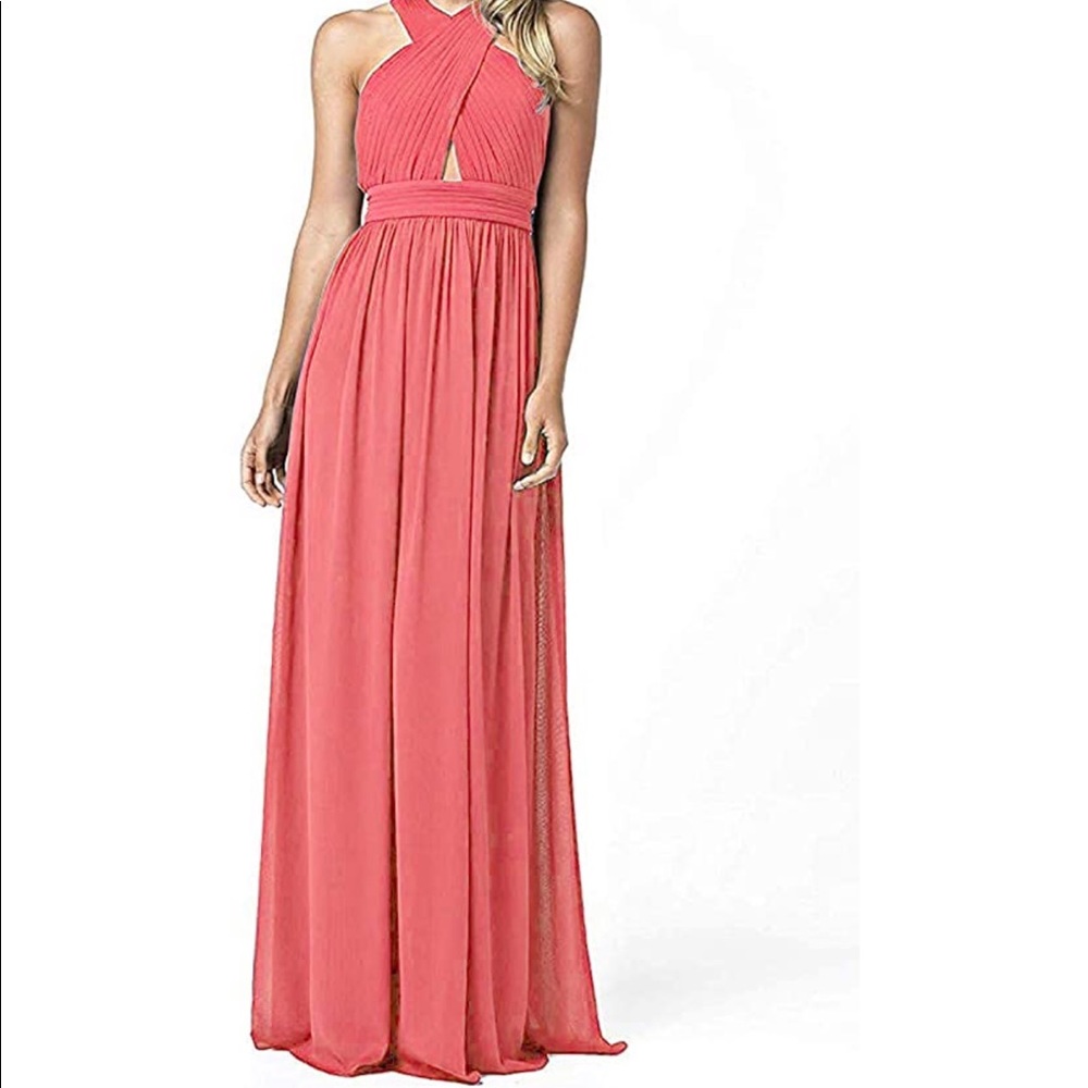 Halter Chiffon Coral Bridesmaid Dress